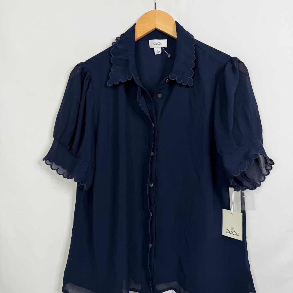 CeCe Mistee Navy Blue Scalloped Puff Sleeve Button Down Blouse NWT Large - Picture 7 of 8
